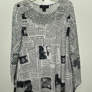 Pleats Collection Women's Black White Newspaper Print Long Sleeve T-Shirt Large